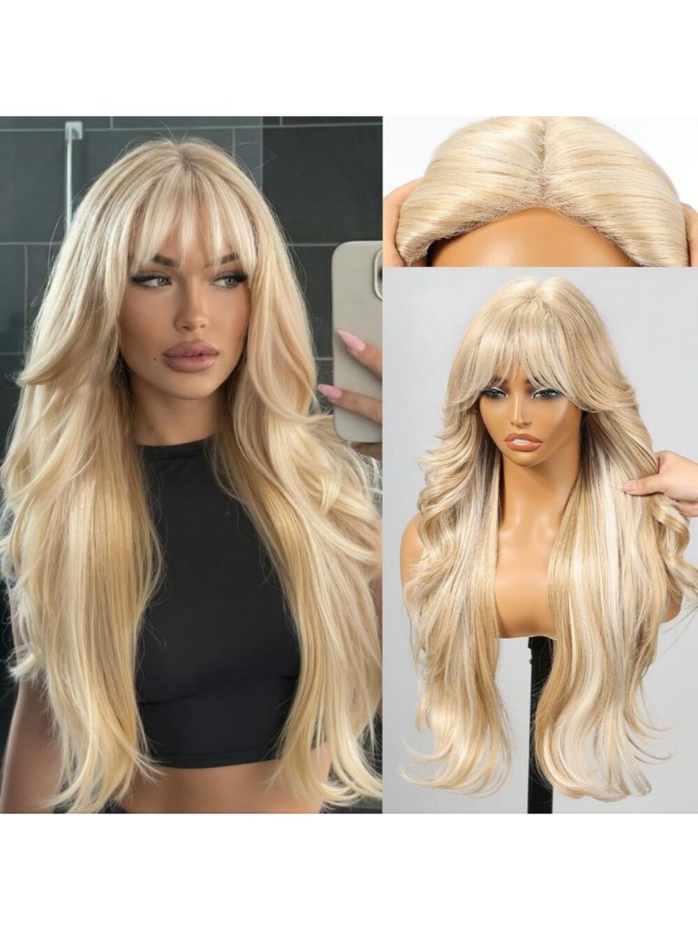 Blonde Layered Wavy Lace Front Wig with Bangs for Women - 26 Inch Synthetic Hair
